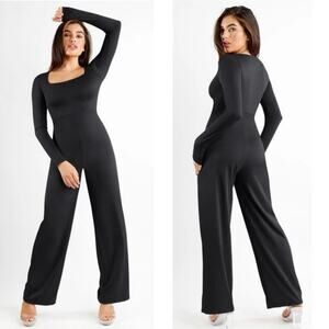 Popilush The Shapewear Black Jumpsuit Square Neck Wide-Leg Long Sleeve M - NWT